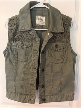 Mudd Olive Crochet-Yoke Denim Vest
